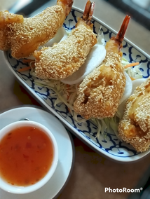 Fried Shrimps with sesame and our homemade sweet chilli sauce No. 6 on our menu
