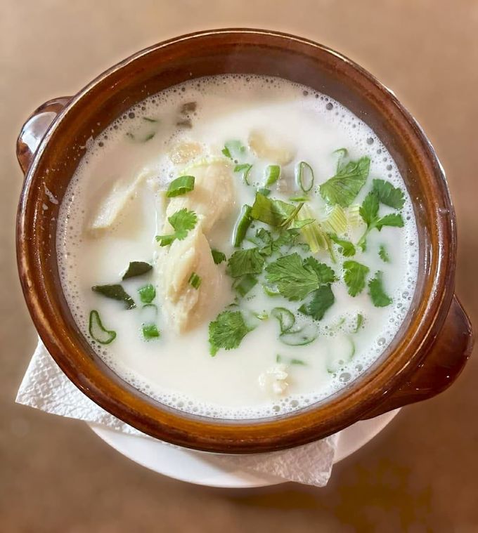 Tom kha gai, coconut based soup with thai herbs and chicken. No 86 on our menu.